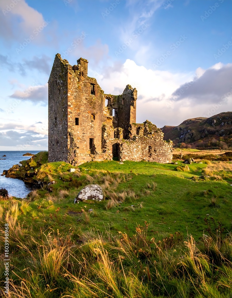 Obraz premium Ancient stone tower ruins perched on a grassy coastal cliff