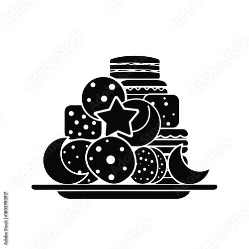 Black silhouette of cookies cakes and moons on a platter 1