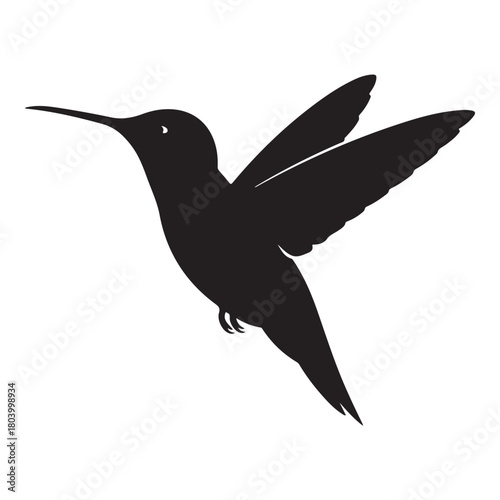 Silhouette of a hummingbird in flight, isolated on white background, showcasing its delicate wings and long beak in detail