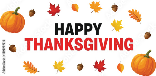 Happy Thanksgiving Clipart with Pumpkins, Autumn Leaves & Acorns – Simple Fall Design for Cards, Social Media & Printables