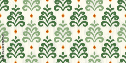 Floral ikat seamless pattern. Abstract vector rug textured print. Traditional orient dye background. Carpet and textile decorative ornament.