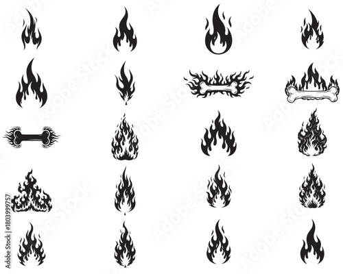 Mega set of flame icons vector, fire heat energy symbol collection, isolated hot alert graphic, danger rating element variety, burning illustration set, UI UX indicator