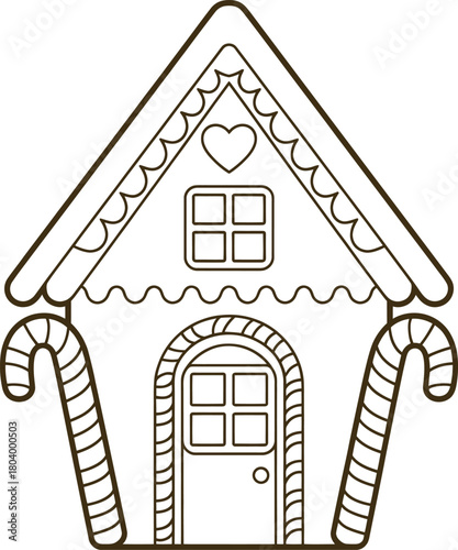 Whimsical gingerbread house outline for a festive coloring page perfect for holiday crafts and decorations