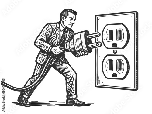 businessman pulling giant plug from socket, disconnection, burnout, or breaking free sketch engraving generative ai fictional character vector illustration. Scratch board. Black and white image.