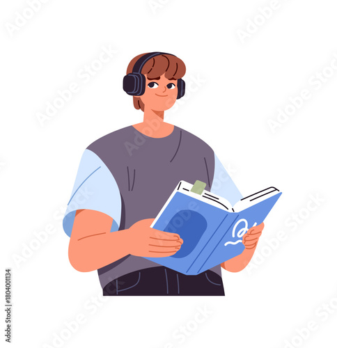 Student is holding, reading textbook and listening to audiobook by headphones. Happy person with headset studies learning educational book. Flat isolated vector illustration on white background