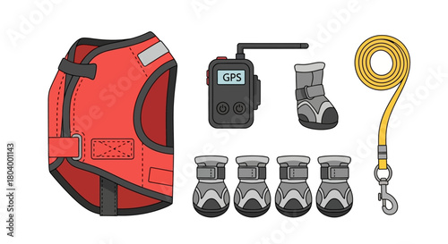 Collection of Essential Dog Accessories for Outdoor Adventures and Pet Safety, Featuring Harness, GPS Tracker, Leash, and Protective Boots