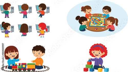 Set of Children Engaged in Various Activities: Using Computers, Playing Board Games, Building Blocks, and Toy Train for Childhood Education Vector Illustration.