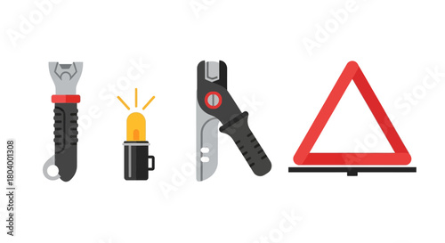 Automotive Emergency Tools and Road Safety Equipment Flat Illustration