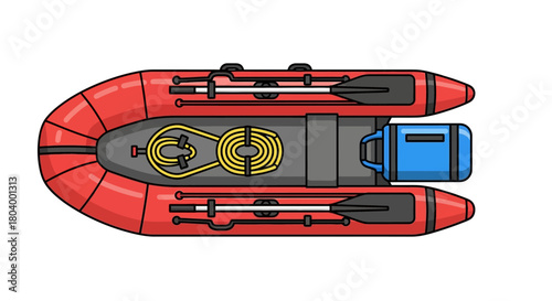 Overhead view of a red inflatable boat equipped with oars, coiled rope, and an outboard motor, ready for water recreation and adventure