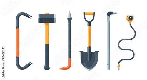 A collection of construction and demolition tools including a crowbar, sledgehammer, shovel, and inspection camera, isolated on a white background