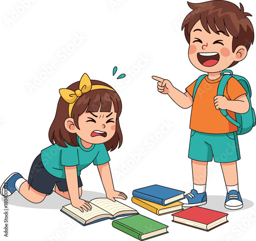 Smiling Boy Bullying Upset Girl Who Fell Down with Books, Representing Childhood Conflict, Teasing, Social Issues, and Harassment at School Vector.