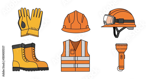 Flat vector set of basic rescue tools including safety helmet, protective gloves, safety boots, reflective vest, and flashlight.