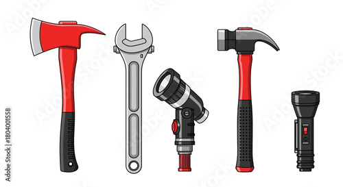 A collection of essential hand tools including an axe, wrench, hammer, fire nozzle, and flashlight, depicted in a cartoon vector style