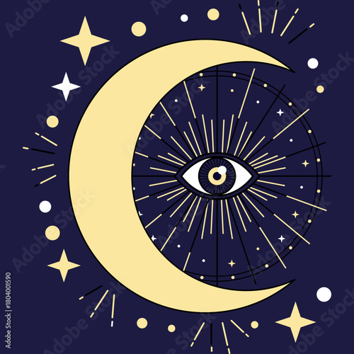 celestial all-seeing eye and crescent moon vector art