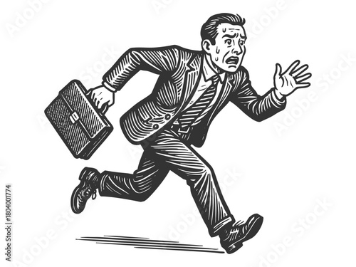 worried businessman running frantically with briefcase, symbolizing urgency, deadlines, or panic sketch engraving generative ai fictional character vector illustration. Scratch board. Black and white.