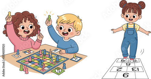 Happy Children Playing Traditional Board Game and Energetic Girl Playing Hopscotch, Representing Childhood Fun, Learning, and Development Activities Vector.