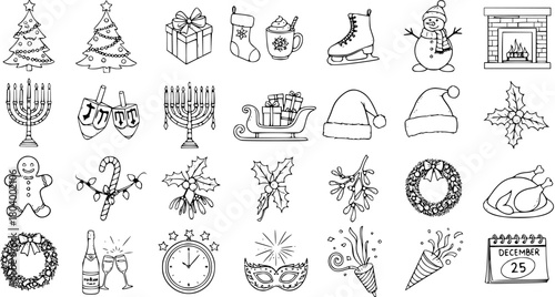 Festive Holiday Doodle Collection: Christmas, Hanukkah  New Year Icons
