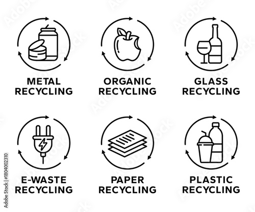Recycle label products. Recycling materials types icons set. 100% recycle paper, aluminum, metal, plastic, glass, organic, e-waste, icon, label, logo, badge, sign symbol vector isolated illustration.