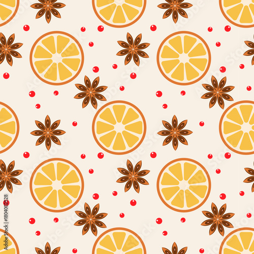 Orange slices and anise stars pattern, with red berry. Worm soft christmas background.