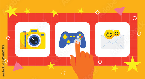 Hand Tapping App Icon in a Slot Machine Interface, Representing Digital Entertainment, Social Media, Gaming, and Technology Choice Vector Illustration.