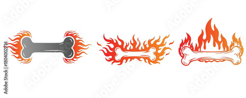 A set of three fiery bone illustrations isolated on white background, each with a unique flame design, perfect for adding a hot and edgy touch to your creative projects