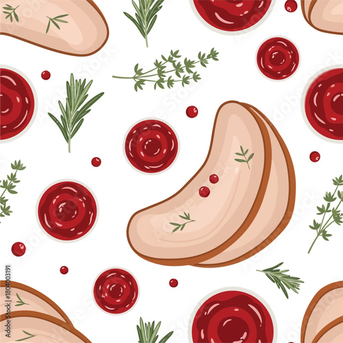Sliced meat with cranberry sauce and herbs seamless pattern illustration