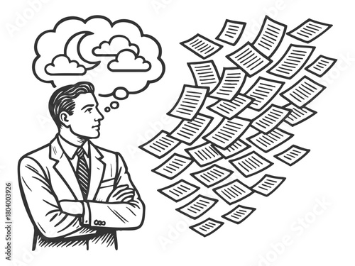 businessman imagining night and rest while surrounded by a storm of paperwork, sketch engraving generative ai fictional character vector illustration. Scratch board imitation. Black and white image.