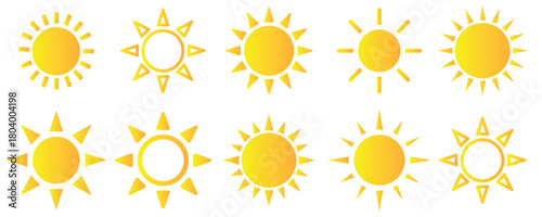 Collection of sun icons isolated on white background, depicting various styles and designs, perfect for weather forecasts, summer themes, and childrens illustrations