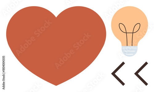 Red heart, glowing lightbulb, and coding brackets emphasize creativity, innovation, and emotional intelligence. Ideal for technology, coding, teamwork, compassion design problem-solving and modern