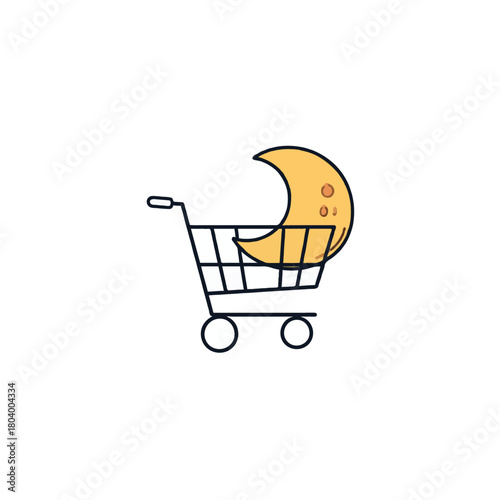 A conceptual shopping cart with a crescent moon, symbolizing dreams, imagination, and nocturnal