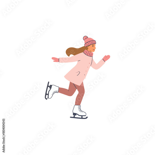 A delightful illustration portraying a young woman enjoying ice skating during winter season with