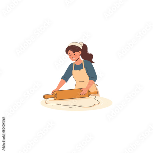 A young woman with a culinary apron elegantly rolls the dough using a rolling pin in a bright