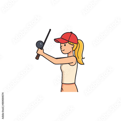 A young fisherwoman preparing her line for casting in a serene lake setting, showcasing summertime