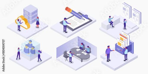 Isometric Business Workflow Illustration – Cloud Storage, Document Management, Team Collaboration and Office Activities