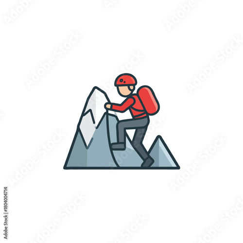 Adventurous mountaineer silhouette conquering towering peak in minimalistic vector illustration