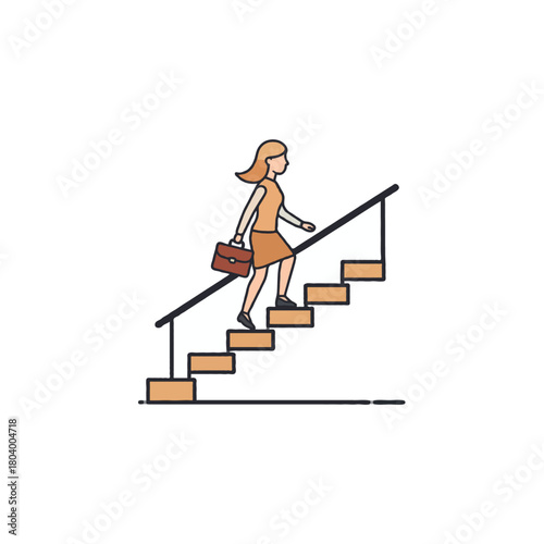 Ambitious female professional ascends stairway towards achievement with determination and carrying