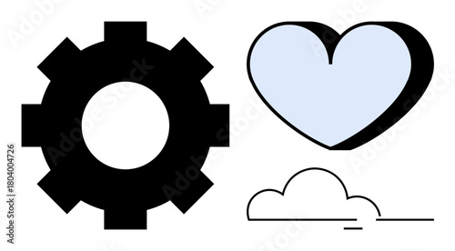 Black gear, soft blue heart, outlined cloud arranged in clean style. Ideal for innovation, teamwork, creativity, connection, aspiration technology love. Simple flat metaphor
