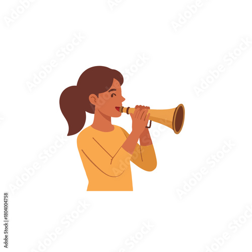 Animated character woman using a megaphone to communicate a message or announcement with energy