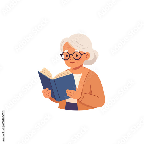 An elderly lady wearing spectacles absorbed in reading a book gracefully isolated on white canvas