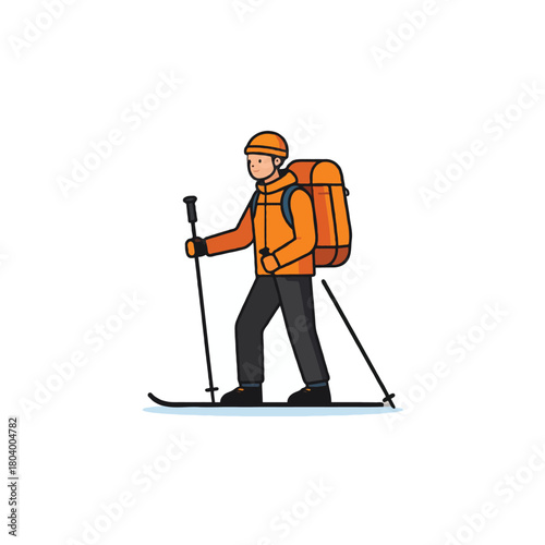Animated skiing traveler with a huge backpack exploring remote landscapes, demonstrating winter