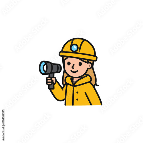 Cartoon depiction of a cheerful young female miner inspecting something carefully with a