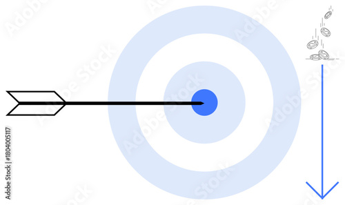 Arrow piercing bullseye on concentric target, coins falling below. Ideal for success, precision, focus, goal-setting, financial growth, accuracy achievement. Simple flat metaphor