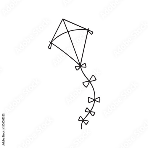 Minimalist kite line drawing. Simple hand-drawn sketch of a flying toy with a decorative tail. Black and white icon symbol for freedom, childhood, and fun, isolated on a white background.
