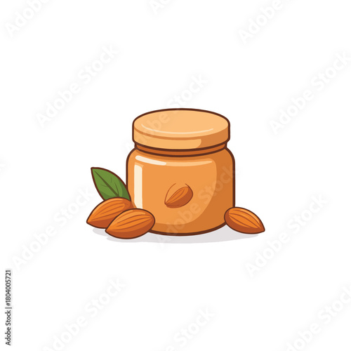 Delightful almond butter jar with scattered almonds for a nutritious and healthy snack option in