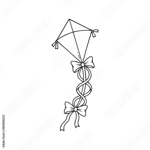 Minimalist kite line drawing. Simple hand-drawn sketch of a flying toy with a decorative tail. Black and white icon symbol for freedom, childhood, and fun, isolated on a white background.

