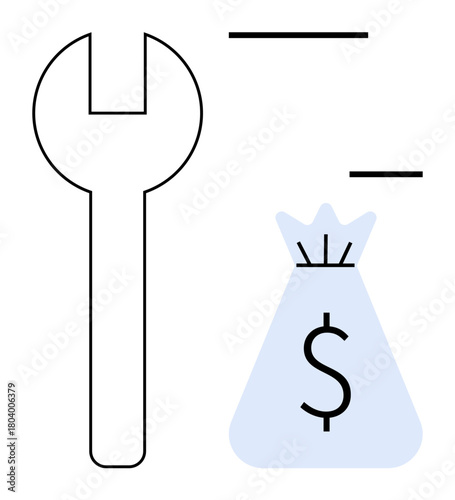 Wrench beside a money bag icon with dollar sign highlights the connection between labor and economic gain. Ideal for finance, economy, labor relations, investment strategy, business planning