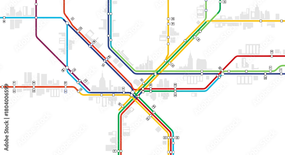Obraz premium Graphic illustration of a vibrant urban metro map with interconnected lines and stations, set against a subtle city skyline, symbolizing modern public transport and city navigation