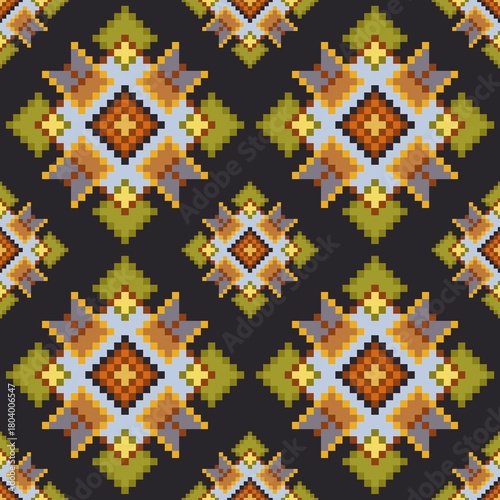 Abstract ethnic pattern. Native fabric pattern on green background.
