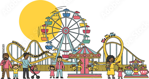 Vibrant illustration of a bustling amusement park scene, showcasing various thrilling rides, cheerful families, and children enjoying a fun-filled day under the bright summer sun