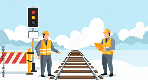Railway Safety Inspection Workers Assessing Tracks with Signal and Barrier in a Secure Environment